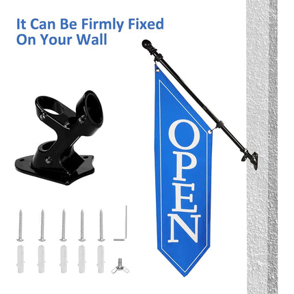 OPEN Flag with Pole Kit - Heavy Duty Canvas Open Banner for Business Storefront, 42x12 Inch Outdoor Double-Sided Sign with Bracket - Advertising Signage for Retail & Shops (White)