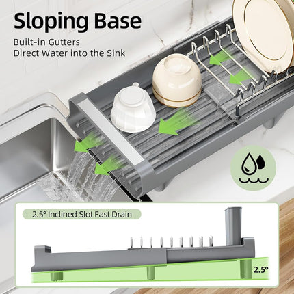 TOOLF Expandable Dish Rack, Compact Dish Drainer, Stainless Steel Dish Drying Rack with Removable Cutlery Holder, Anti Rust Plate Rack, Small Sink Drainer for Sink or Kitchen Countertop