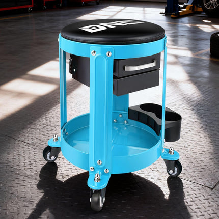 DNA MOTORING Round Mechanics Roller Seat Creeper Stool with Padded Cushion, Tool Storage Drawer & Tray, 300 Lbs Max Weight Capacity, Blue, TOOLS-00492