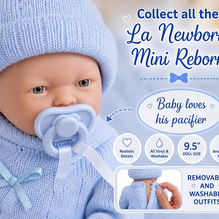JC Toys - Mini La Newborn First Day | Anatomically Correct Real Boy Baby Doll | 9.5" All-Vinyl | Includes Knit Outfit, Hat and Pacifier | Designed by Berenguer | Ages 2+
