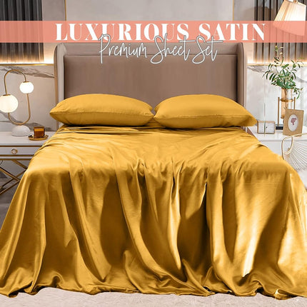 Elegant Comfort Luxurious 4-Piece Silky Satin Sheet Set, Skin and Hair Friendly, Wrinkle, Fade, Stain Resistant with Deep Pockets Fitted Sheet, Cooling Soft Satin Sheet Set, Queen, Gold