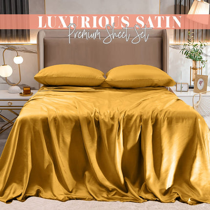 Elegant Comfort Luxurious 4-Piece Silky Satin Sheet Set, Skin and Hair Friendly, Wrinkle, Fade, Stain Resistant with Deep Pockets Fitted Sheet, Cooling Soft Satin Sheet Set, Twin, Gold