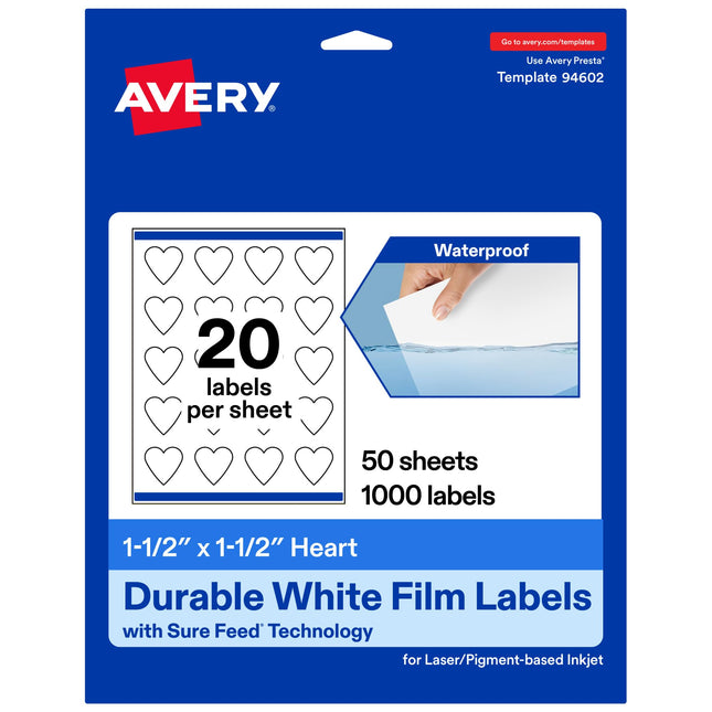 Avery Durable Waterproof Heart Labels with Sure Fe