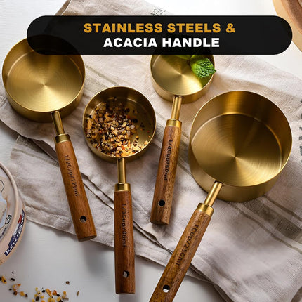 SHIKORI Gold Measuring Cups and Spoons Set with Wood Handles