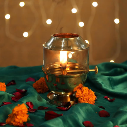 4OUR Faith Brass Akhand Jyot Diya with Glass Cover & Adjustable Wick