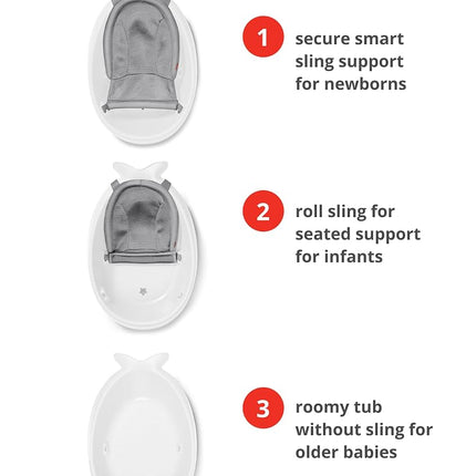 Skip Hop Moby Smart Sling Bathtub 3 Steps PVC Free Phthalate Free Non-Slip Newborn Bath Tub with Drain Plug (from Birth to 25 lbs, White)