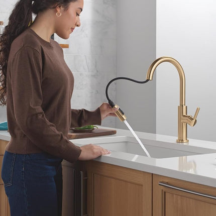 Delta Nicoli Brushed Gold Kitchen Faucet with Pull Down Sprayer, Modern Single Hole Kitchen Sink Faucet, Single Handle, Champagne Bronze 19867LF-CZ