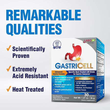 LABO Nutrition GASTRICELL - Eliminate H. Pylori, Relieve Acid Reflux and Heartburn, Regulate Gastric Acid - Targets The Root Cause of Recurring Gastric Problems -30 sachets