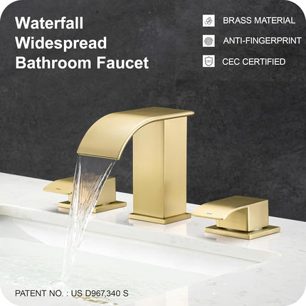 GAGALIFE Grifos de baño de 8 pulgadas tipo cascada de 3 orificios - Grifo de baño dorado cepillado de montaje extendido con desagüe emergente, grifo de lavabo de baño de dos manijas, Patente No. : US D967,340 S