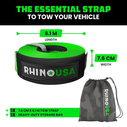 Rhino USA Recovery Tow Strap (7.6cm x 6.1m) - 13,600kg Heavy Duty Towing