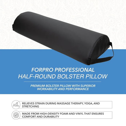 ForPro Premium Jumbo Half-Round Bolster Pillow for Massage and Yoga, Oil and Stain-Resistant, 9”W x 4.5" H x 26”L, Black, Black, 9” W x 4.5" H x 26” L