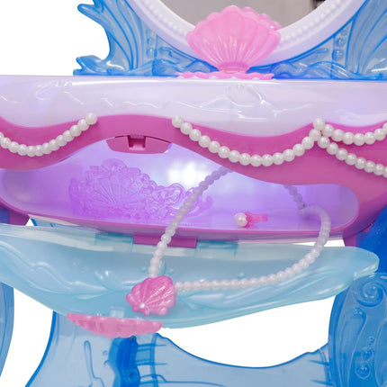 Disney Princess Ariel Vanity for Girls with Lights & Sounds, Plays Under The Sea - Magical Light Up Effect Looks Just Like Water! Pretend Play Girls Vanity Set with Mirror and Stool