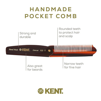 Kent 82T Peine Plegable Hecho a Mano para Hombres, Peine de Dientes Finos para Alisar el Cabello para el Aseo Diario, el Peinado del Cabello, la Barba o el Bigote, Usar en Seco o con Bálsamos, Cortado a Mano Pulido, Hecho en Inglaterra