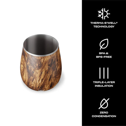 Vaso de vino de acero inoxidable S'well, 266 ml, diseño Teakwood, contenedor con triple aislamiento al vacío que mantiene las bebidas frías por más tiempo, copas sin BPA