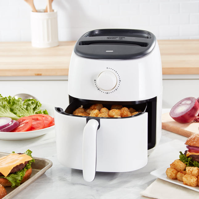 Horno freidora de aire DASH Tasti-Crisp™ Express, 2.6 cuartos de galón, blanco – Freidora de aire compacta para alimentos más saludables en minutos, ideal para espacios pequeños - Apagado automático, analógica, 1000 vatios