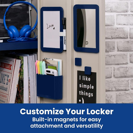 LockerMate Adjust-A-Shelf 6-Piece Locker Accessories Set, Extends to Fit Your Locker, Includes Storage Drawer, Mirror, Whiteboard, Storage Cup, Navy, Blue (50924KIT-NVY)