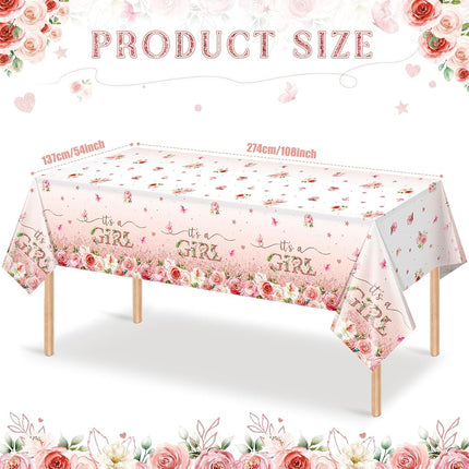 3 Pack Floral Baby Shower Tablecloth Decorations, It's a Girl Baby Shower Decorations, Pink Flower Gender Reveal Decorations for Girl, Plastic Disposable Baby Girls Table Cloth Party Decorations