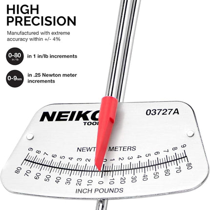 Neiko 03727A 1/4-Inch-Drive Beam Torque Wrench, SAE and MM Bicycle and Automotive Wrench, Reads in 0–80 Inches/Pounds and 0–9 Newton/Meter Increments