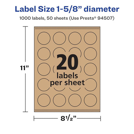 Etiquetas redondas Avery de papel kraft marrón con Sure Feed, 1-5/8" de diámetro, 1,000 etiquetas de papel kraft marrón, impresión hasta el borde, etiquetas imprimibles con láser/inyección de tinta