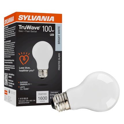 Sylvania LED TruWave Natural Series A19 Light Bulb, 100W Equivalent, Efficient 15W, 1600 Lumens, Medium Base, Dimmable, Frosted, 3000K, Warm White - 1 Pack (42295)
