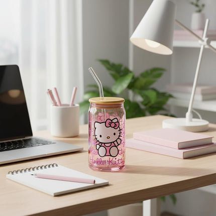 Silver Buffalo Hello Kitty Glass Jar Tumbler with Bamboo Lid, 16oz