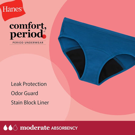 Hanes Girls' Comfort, Period. Boys'hort & Hipster Period Underwear, Moderate Protection, Multi-Pack, Hipster - Multi - 6 Pack, 18