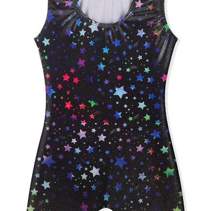 EQSJIU Gymnastics Leotards for Girls Sparkly Toddler Tumbling Outfits Dance Unitard Biketards with Shorts for Kids 1-10 Years, Colorful Stars, 5-6 Years
