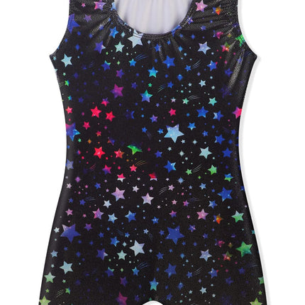 EQSJIU Gymnastics Leotards for Girls Sparkly Toddler Tumbling Outfits Dance Unitard Biketards with Shorts for Kids 1-10 Years, Colorful Stars, 5-6 Years