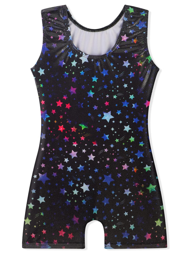 EQSJIU Gymnastics Leotards for Girls Sparkly Toddler Tumbling Outfits Dance Unitard Biketards with Shorts for Kids 1-10 Years, Colorful Stars, 5-6 Years