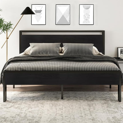 SHA CERLIN 14 Inch King Size Metal Platform Bed Frame with Wooden Headboard and Footboard, Mattress Foundation, No Box Spring Needed, Large Under Bed Storage,Black Oak