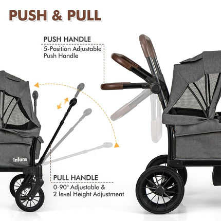 INFANS Wagon Stroller for 2 Kids, Collapsible Adjustable Push Pull Handle Bar, 2 Seater Stroller Wagon with Removable Canopy Snack Tray, Comfortable Drop-Down footwell and Upholstered Seats (Grey)