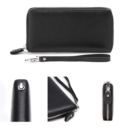 Moflycom Cartera de Mujer RFID Bloqueo de Cuero Genuino con Cremallera, Cartera de Mano con Correa de Muñeca, Cartera Larga de Viaje para Mujer, Negro, L, Cartera RFID