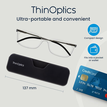 ThinOptics Reading Glasses 1.50, Clear, Case, for Men and Women, Foldable