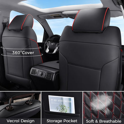 Huidasource Dodge Ram Seat Covers Full Set, Full Coverage Waterproof Leather Pickup Truck Seat Cushion Protector Fit for 2009-2018 1500, 2010-2023 2500/3500 Crew Mega Cab(Full Set/Black&Red)