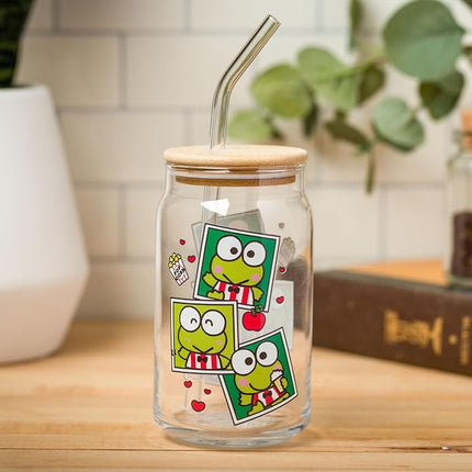 Silver Buffalo Sanrio Hello Kitty and Friends Keroppi Polaroids Glass Jar Tumbler with Bamboo Lid and Glass Straw, 16 Ounces