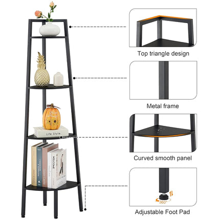 Hoctieon Corner Shelf, 4-Tier Corner Bookshelf, Rustic Ladder Shelf, Industrial Display Stand for Living Room, Kitchen, Home Office, Balcony, Small Space, Metal Frame, Black