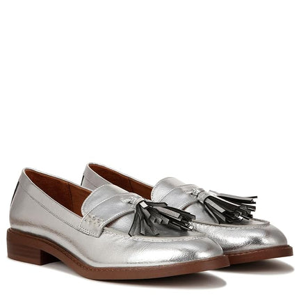 Franco Sarto Women's Carolynn Low Slip on Tassel Loafers, Silver Metallic, 8 Wide