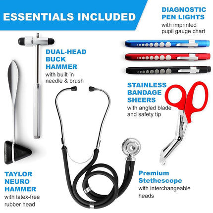 Primacare KB-9397-BK Stethoscope Case, SUPPLIES INCLUDED, Black with Multiple Compartments, Portable and Lightweight First Aid Kit Bag with Vital Medical Supplies, Nursing Accessories for Nurses