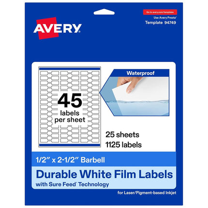 Avery Durable Waterproof Barbell Labels With Sure Feed, 0.5" x 2.5", 1,125 Oil and Tear-Resistant, Laser/Pigment-Based Inkjet Printable