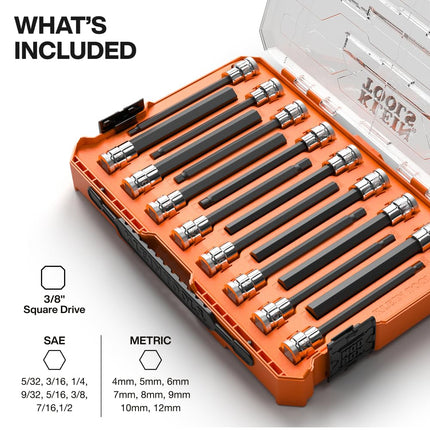 Klein Tools 652216HEXL Long Hex Bit Socket Set, 16-Piece, SAE and Metric Socket Set, Long Hex Bits, MODbox Case