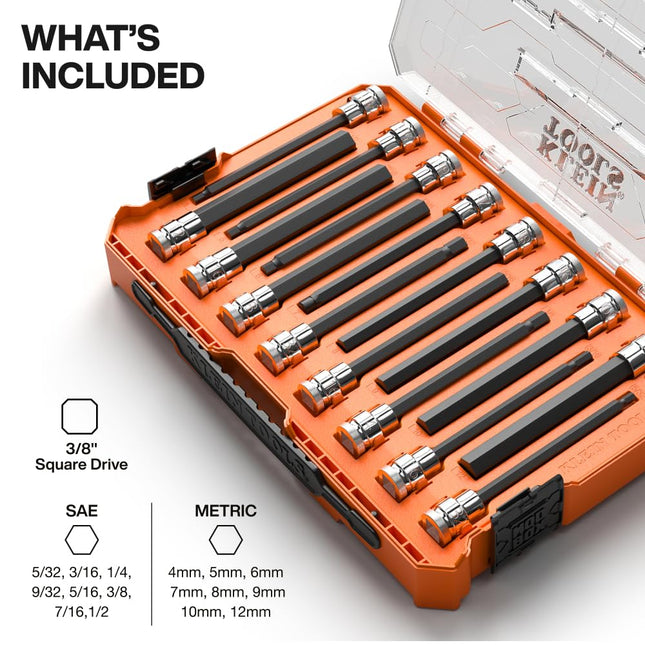 Klein Tools 652216HEXL Long Hex Bit Socket Set, 16-Piece, SAE and Metric Socket Set, Long Hex Bits, MODbox Case