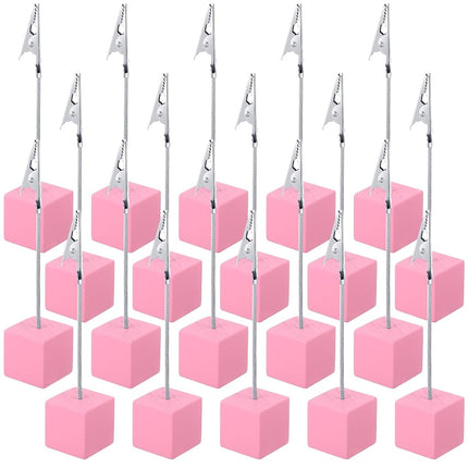 Gersoniel 20 clips para notas con base de cubo y pinza de cocodrilo, soporte de madera para números de mesa, tarjetero con base de cubo, mini soporte para fotos y menús para exhibir tarjetas de números (rosa)