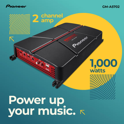 Amplificador para coche Pioneer GM-A5702 de 2 canales – 1000 W máx., clase AB, diseño puenteable, puenteable, filtros variables, alta potencia