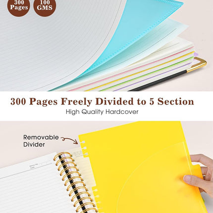 Hardcover Large Spiral Notebook 8.5" x 11" with Removable Dividers Tabs, 300 Pages Leather 5 Subject Notebook College Ruled, A4 Journal for Women Men, Notebooks for Work School Note taking,Black