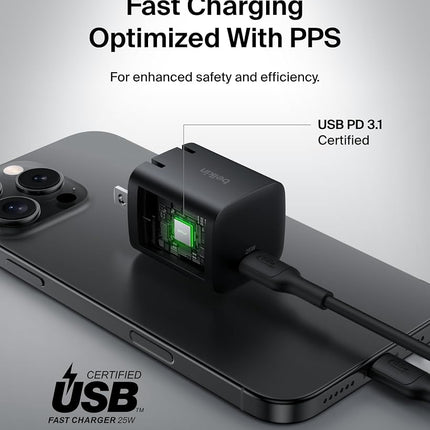 Belkin USB C Charger Block 25W (2 Pack) USB C Cable Included - PD3.0 PPS Fast Charging for Samsung Galaxy S25, S24, Apple iPhone 17, Air, Pro, Pro Max, Google Pixel 10, Nintendo Switch, etc - Black