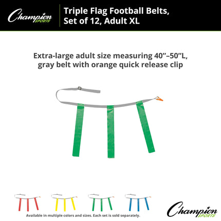 Champion Sports Triple Flag Football Set, Green, Size 40/50, Pack of 12