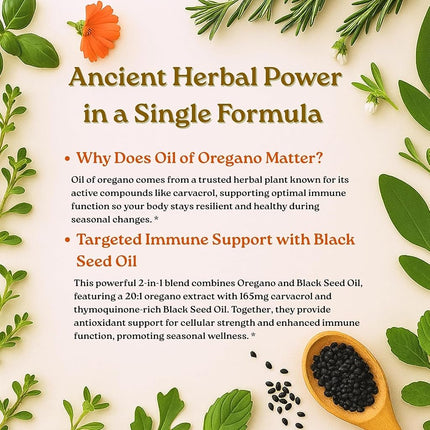 Micro Ingredients Aceite de Orégano en Cápsulas Blandas 6000mg por Porción, 300 Unidades | 2 en 1 Formulado con Aceite de Semilla Negra 200mg, Carvacrol y Timokinona 4 Veces Más Potentes | de Origen Vegetal, Sin OGM y Apoyo Inmunológico