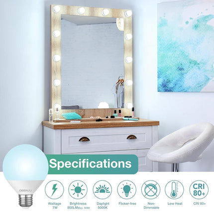 DEGNJU Led Bathroom Light Bulbs 60W Equivalent 5000K Daylight White 800 Lumens G25 Mirror Makeup Globe Lamp Round Shape 7 120V Non-Dimmable Pack of 10