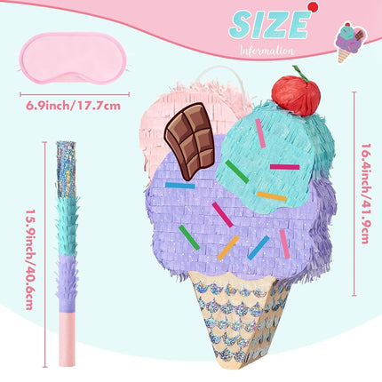 WERNNSAI Ice Cream Piñata - Summer Ice Cream Party Decorations for Kids Girls Birthday Pink Pinata Game Candyland Sweet Theme Party favors supplies with Bat Blindfold
