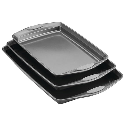 Juego de utensilios para horno antiadherentes Rachael Ray con mangos, bandejas para hornear galletas antiadherentes - 3 piezas, gris con mangos gris sal marina